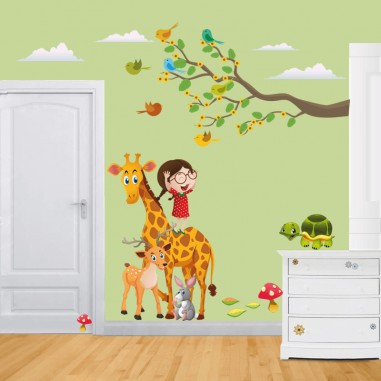 Αυτοκόλλητο τοίχου με Κορίτσι και Ζώα