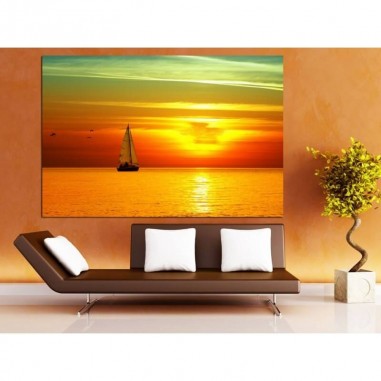 Πίνακας σε καμβά με ηλιοβασίλεμα με ιστιοφόρο
