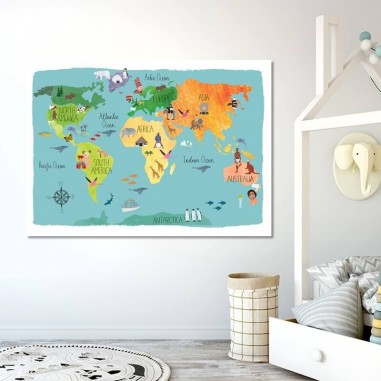 Πϊνακας σε καμβά Χάρτης του Κόσμου με Ζώα