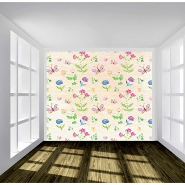Ταπετσαρία τοίχου Σχέδιο με λουλουδάκια και πεταλουδίτσες