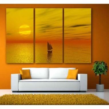 Τρίπτυχος πίνακας σε καμβά με καράβι στο ηλιοβασίλεμα