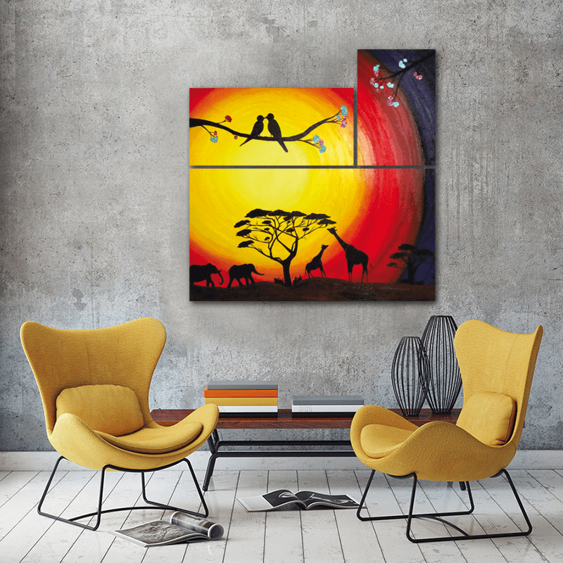 Τρίπτυχος πίνακας σε καμβά με Ζώα στο Ηλιοβασίλεμα