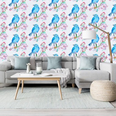 Ταπετσαρία τοίχου Floral Μοτιβο με μπλε πουλακια