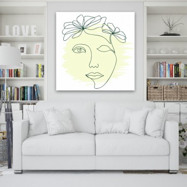 Πίνακας σε καμβά Line Art Woman and Flower in Lime Green