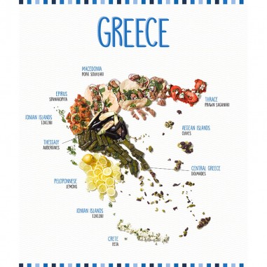 Πίνακας σε καμβά Χάρτης Ελλάδα με Φαγητά 
