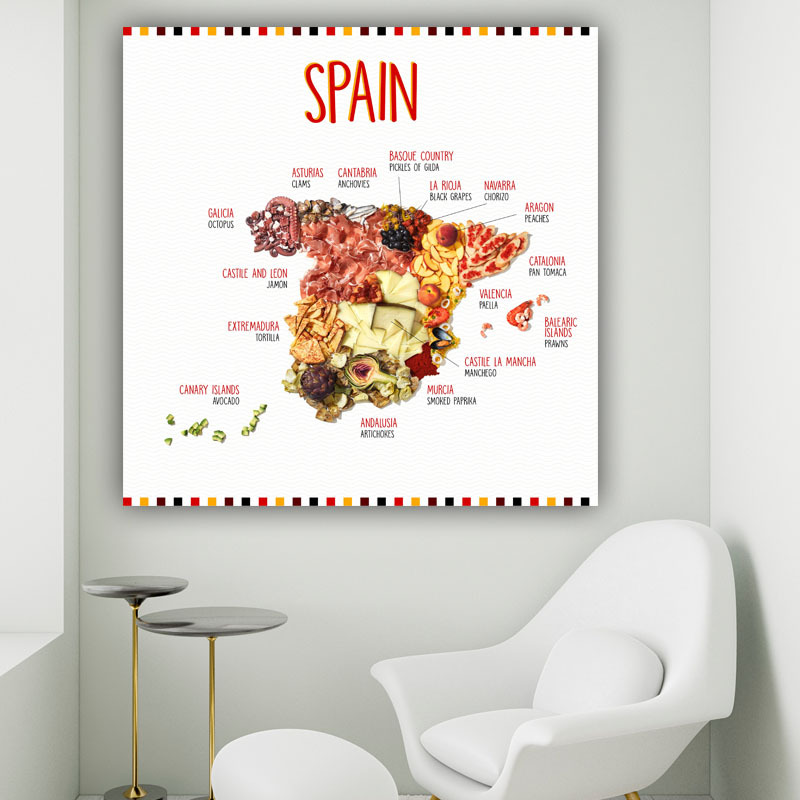 Πίνακας σε καμβά Χάρτης Ισπανία με Φαγητά