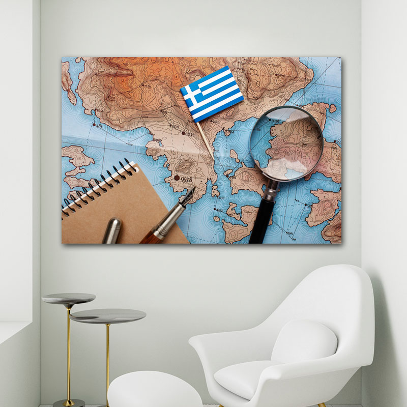 Πίνακας σε καμβά Χάρτης και Ελληνική Σημαία