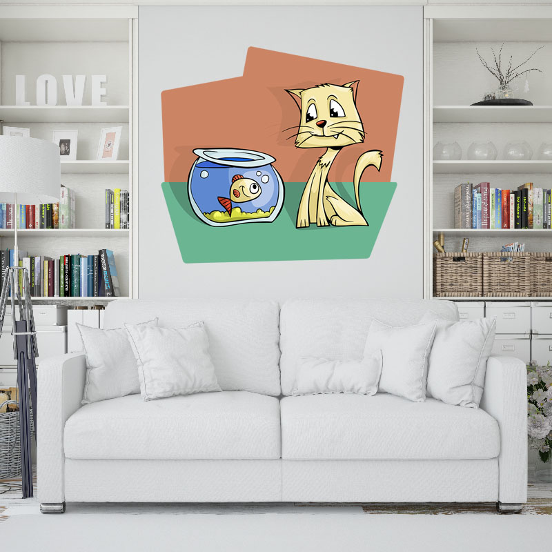 Αυτοκόλλητο τοίχου Ψαράκι στη γυάλα με γατούλα