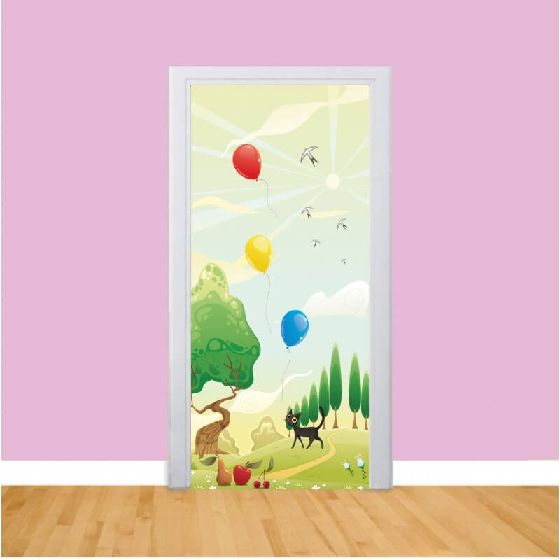 Αυτοκόλλητα πόρτας Τοπίο με μπαλόνια και γατούλα