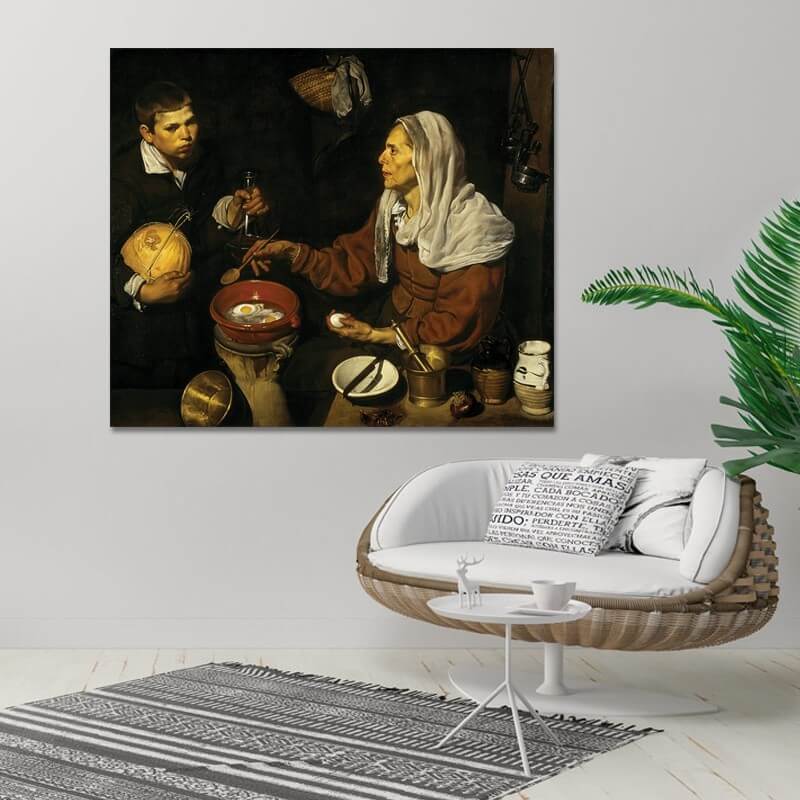 Πίνακας σε καμβά Diego Velázquez - Old Woman Frying Eggs 141x120 Τελαρωμένος καμβάς σε ξύλο με πάχος 2cm