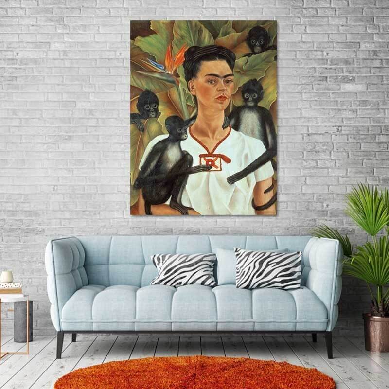 Πίνακας σε καμβά Frida Kahlo - Selfportrait with Monkeys 100x133 Τελαρωμένος καμβάς σε ξύλο με πάχος 2cm