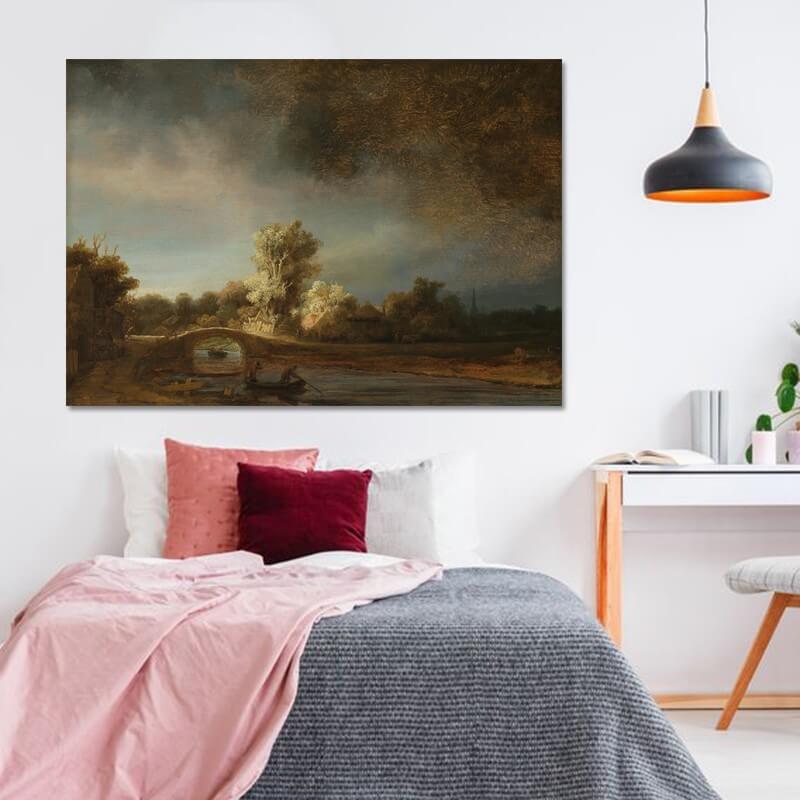 Πίνακας σε καμβά Rembrandt - De stenen brug 143x100 Τελαρωμένος καμβάς σε ξύλο με πάχος 2cm