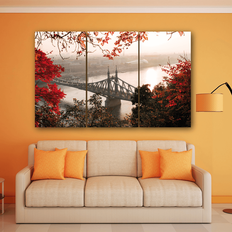 Τρίπτυχος πίνακας σε καμβά με Φθινοπωρινή Γέφυρα