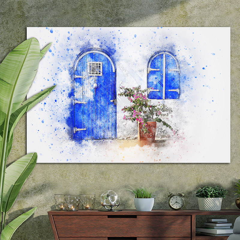 Πίνακας σε καμβά Blue door water colour art 70x105 Τελαρωμένος καμβάς σε ξύλο με πάχος 2cm