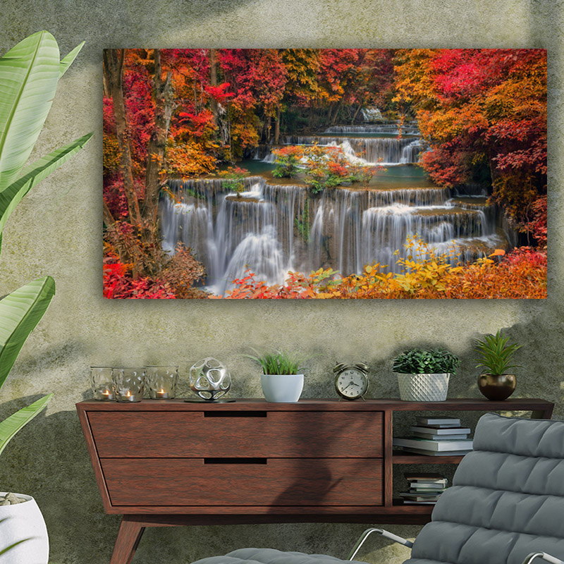 Πίνακας σε καμβά Waterfall Autumn Forest 142x80 Τελαρωμένος καμβάς σε ξύλο με πάχος 2cm