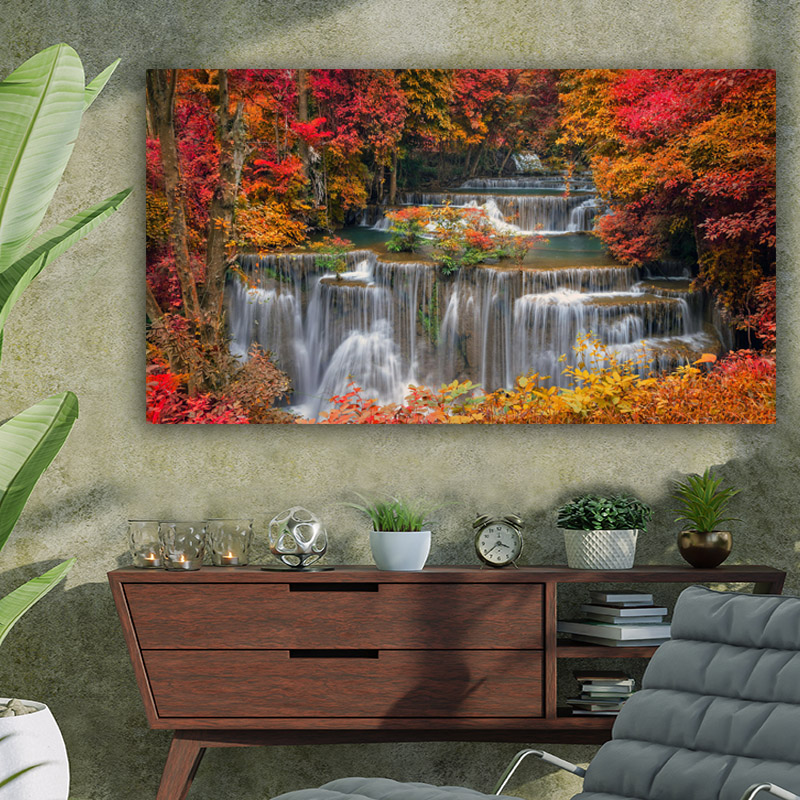 Πίνακας σε καμβά Waterfall Autumn Forest 53x30 Τελαρωμένος καμβάς σε ξύλο με πάχος 2cm