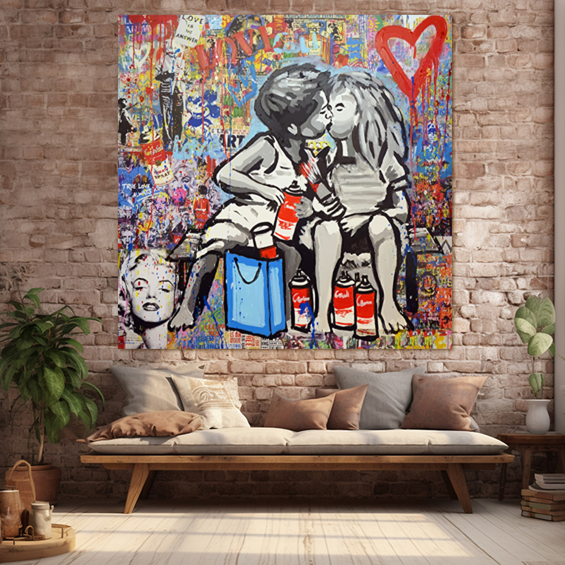 FIRST KISS IN COLOUR 65x65 Τελαρωμένος καμβάς σε ξύλο με πάχος 2cm