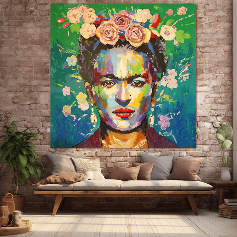 FRIDA IN FLOWERS 125x123 Τελαρωμένος καμβάς σε ξύλο με πάχος 2cm
