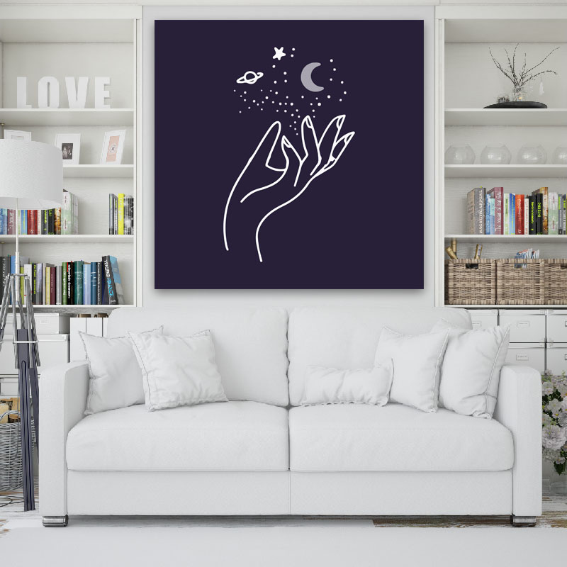 Πίνακας σε καμβά Hand with Moon and Stars 90x90 Τελαρωμένος καμβάς σε ξύλο με πάχος 2cm