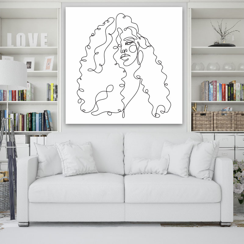 Πίνακας σε καμβά Line Art Curly Hair 120x120 Τελαρωμένος καμβάς σε ξύλο με πάχος 2cm