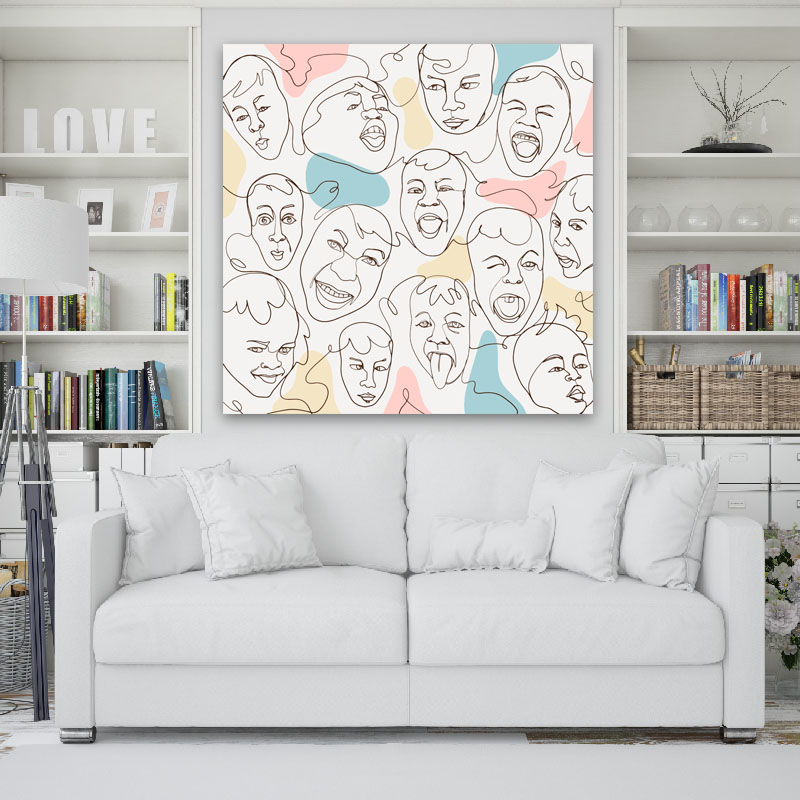 Πίνακας σε καμβά Line Art Funny Faces 80x80 Τελαρωμένος καμβάς σε ξύλο με πάχος 2cm
