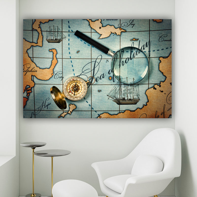 Πίνακας σε καμβά Χάρτης και Μεγεθυντικός Φακός 135x90 Τελαρωμένος καμβάς σε ξύλο με πάχος 2cm